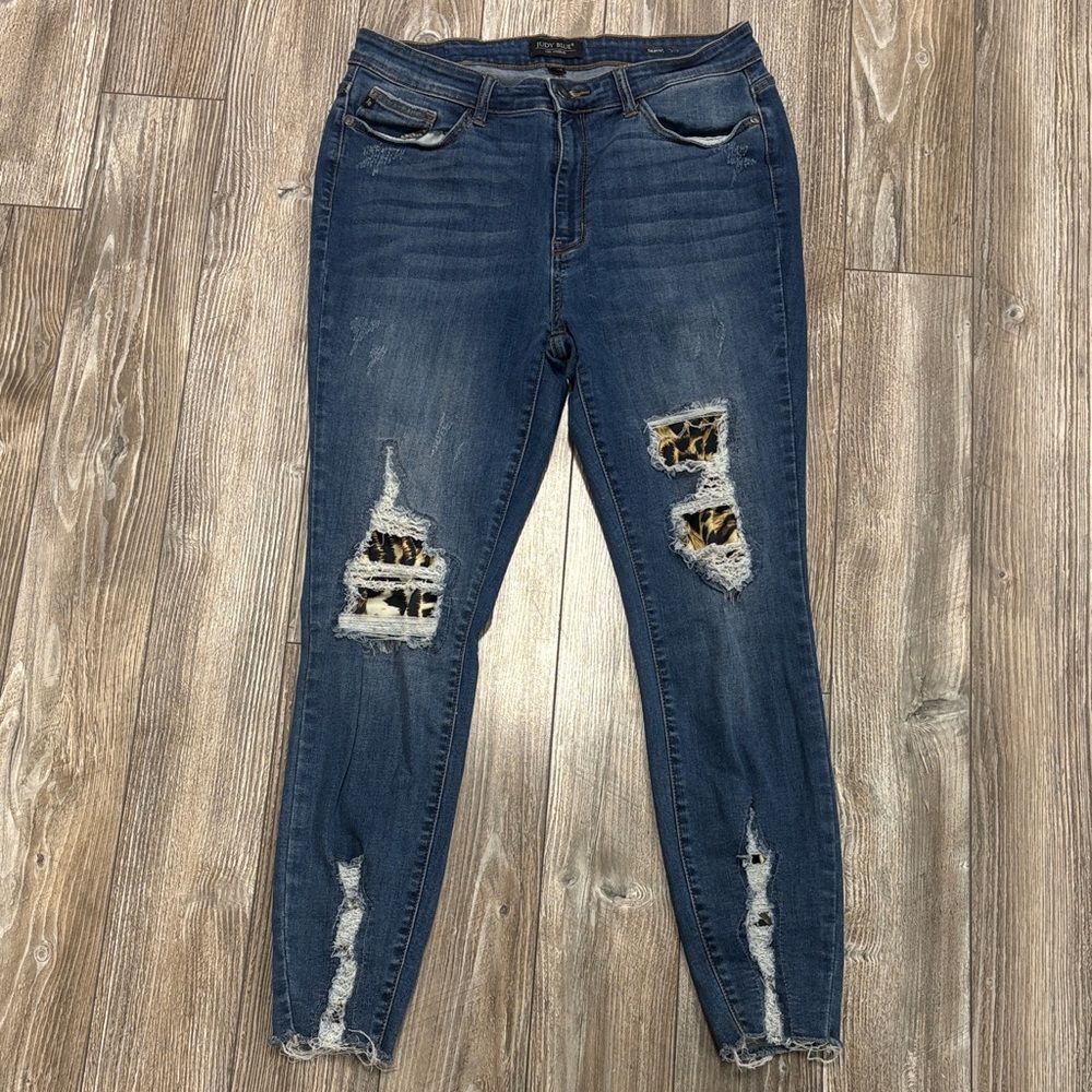 Judy Blue Dark Blue Distressed Skinny Jeans With Leopard Patches